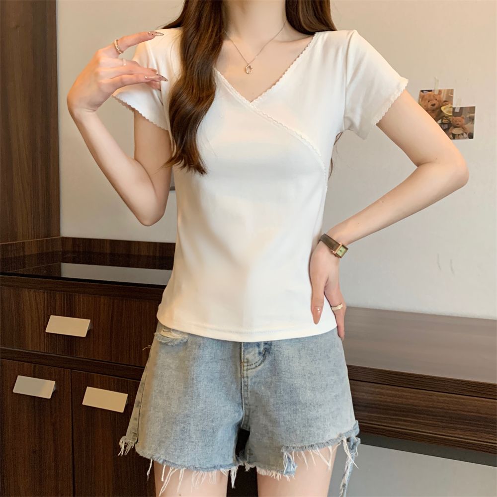 Real shot 40 pure cotton 210g 92 cotton/8 spandex short-sleeved T-shirt for women slim v-neck