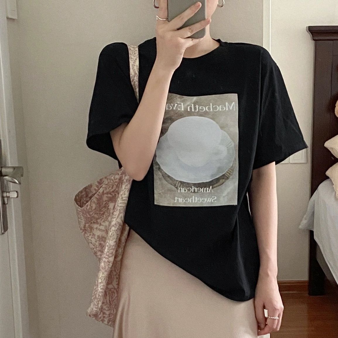 Summer short-sleeved women's T-shirt for women American-style printing loose flesh covering to make them look thin and niche and chic