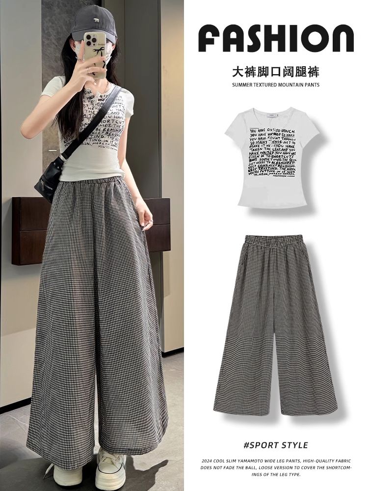 50棉 內有包邊 有口袋格子闊腿裙褲女夏季薄款時尚百搭寬鬆