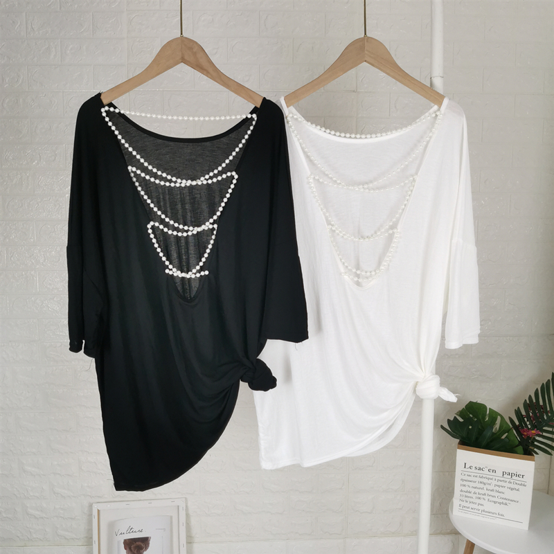 Real photo Korean version of thin pearl sunscreen T-shirt for women 2025 summer new loose and tricky backless top