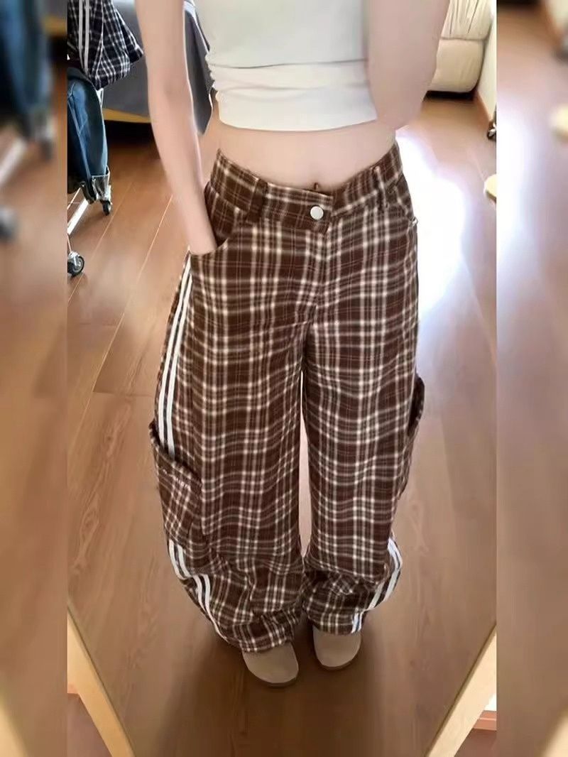 西裝腰頭韓版美式復古條紋格子工裝褲子女2025早春新款拖地長褲潮