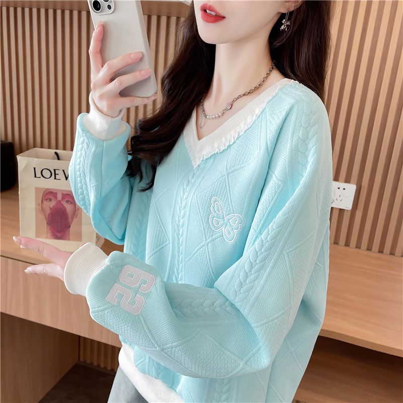 Real shot Korean loose spring and autumn style embroidered lace lace splicing jacquard sweatshirt for women