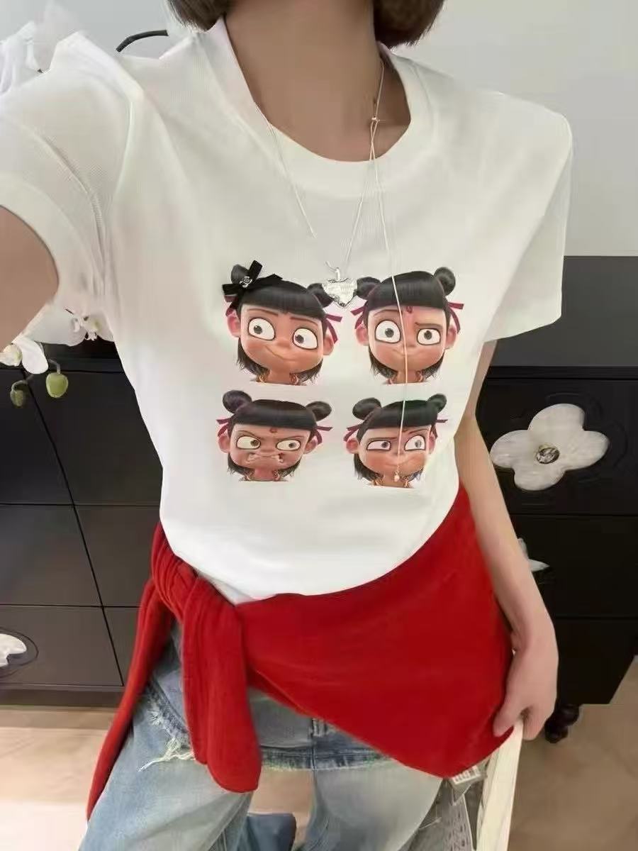 European fashion Nezha Devil Child Cartoon Top Trendy 2025 Summer New Age Reducing Fashionable Printed Short Sleeve T-shirt for Women