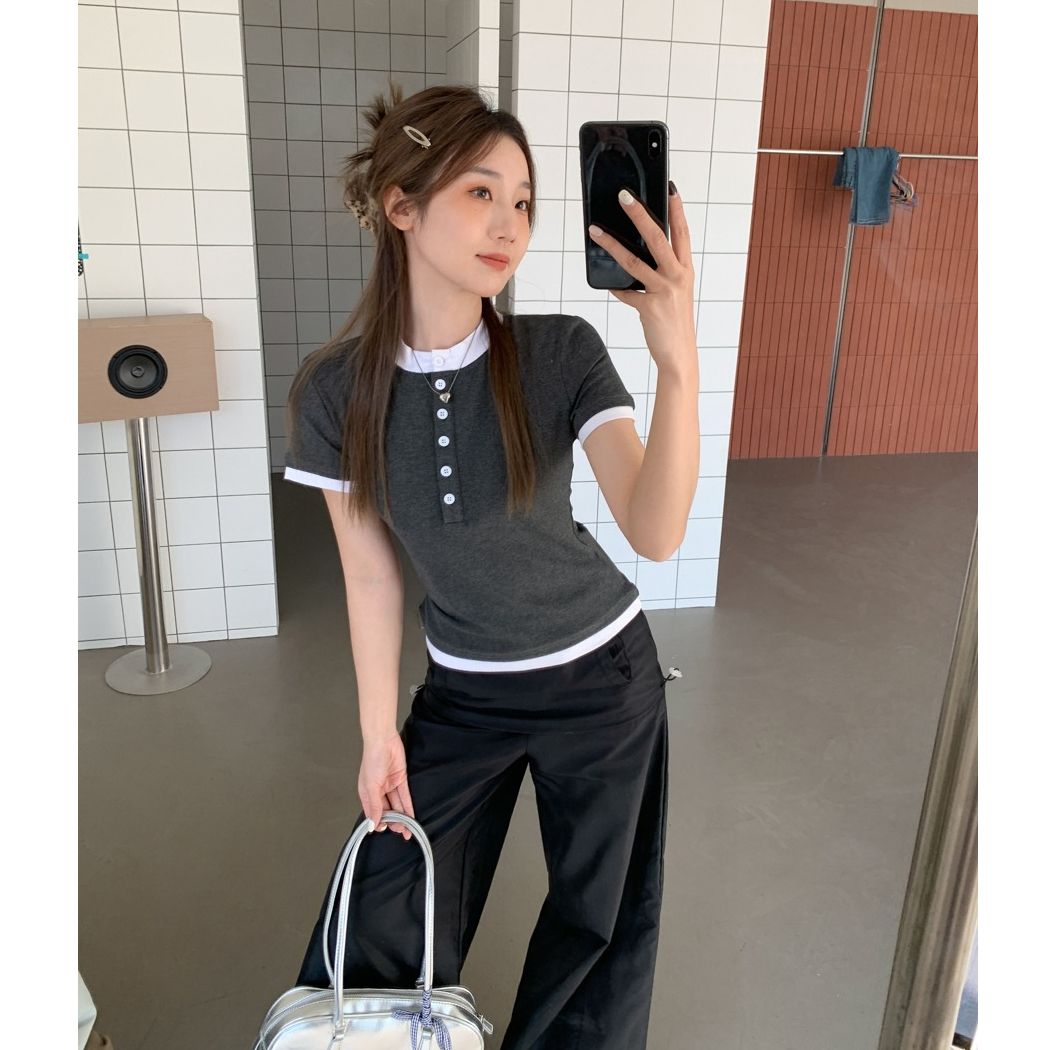 莫代爾人棉紐扣正肩u領短袖t恤女夏短款鎖骨撞色修身顯瘦上衣