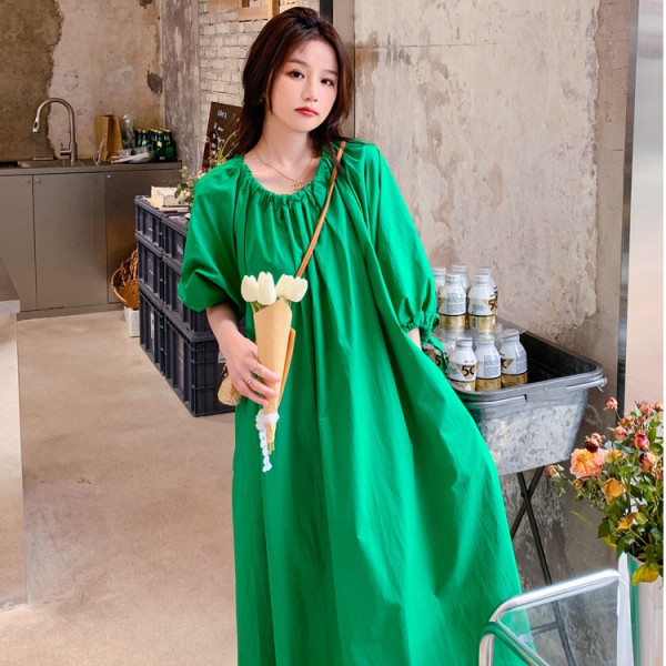 The new summer puff sleeve round neck drawstring long skirt for women