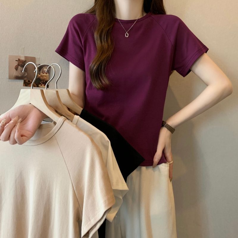 Real shot 40 pure cotton 210g 92 cotton/8 spandex solid color short-sleeved T-shirt for women rag-sleeved sleeves