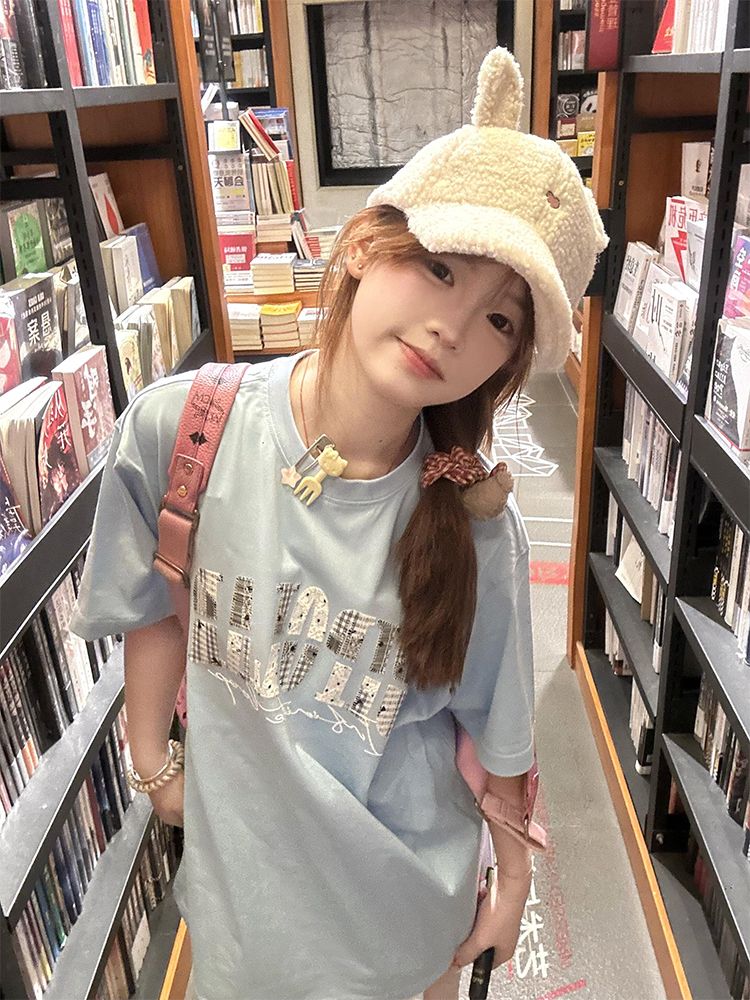 韓國chic純棉後包領2025夏季新款韓版美式刺繡寬鬆百搭短袖T恤女