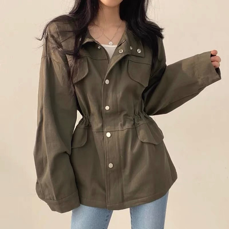 Korean chic autumn retro temperament fake pocket design drawstring waist slimming work jacket windbreaker jacket women