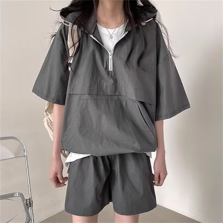 拉鏈拼接短袖短褲套裝女裝兩件套純色夏季外穿運動服跑步寬鬆