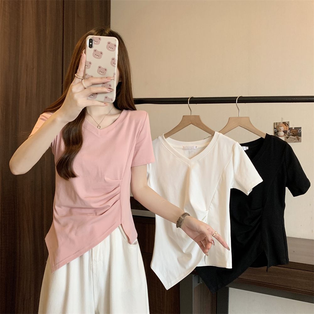 Real shot 40 pure cotton 210g 92 cotton/8 spandex wrinkled waist short-sleeved T-shirt for women