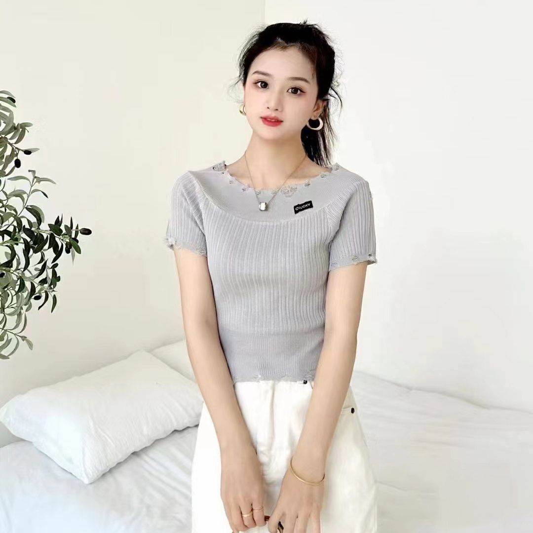 純欲甜辣妹一字肩上衣女設計感小眾夏季玫紅色針織打底衫內搭