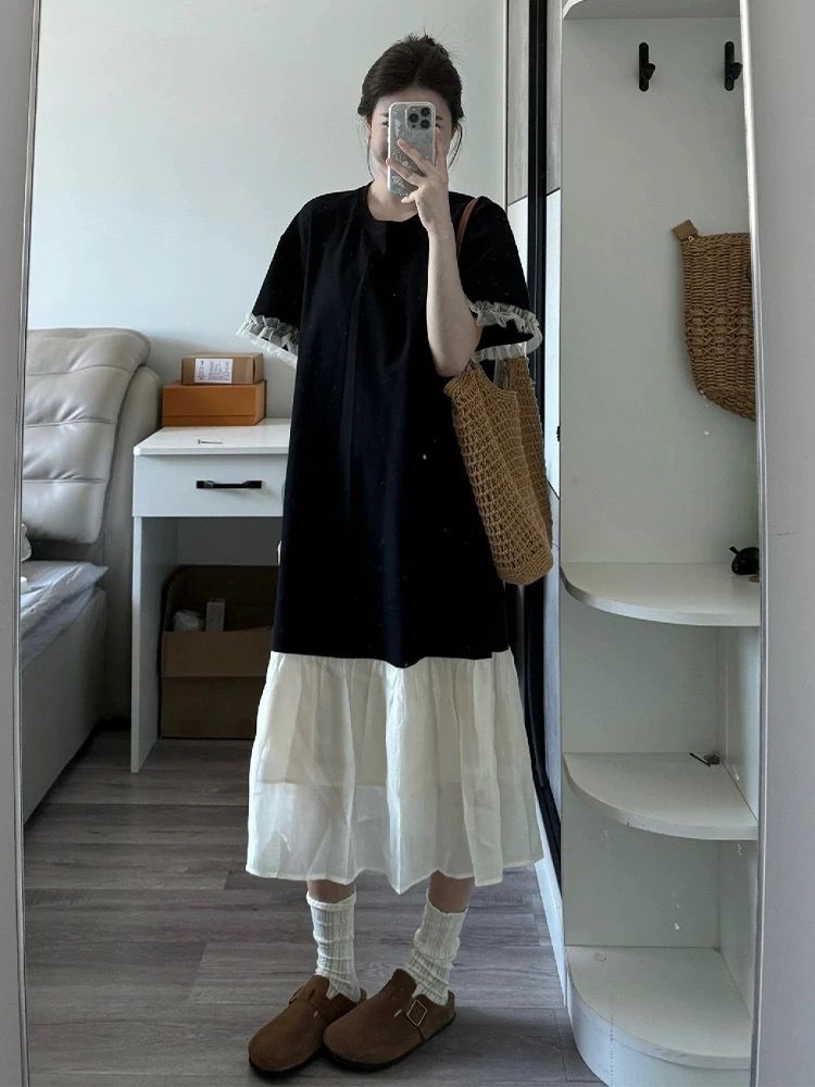 寬鬆微胖遮肉顯瘦連衣裙子長裙女夏季2025新款黑色長款過膝T恤裙