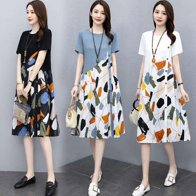 M--4XL large size new printed slim splicing dress loose to cover belly fat mm women's a-line skirt