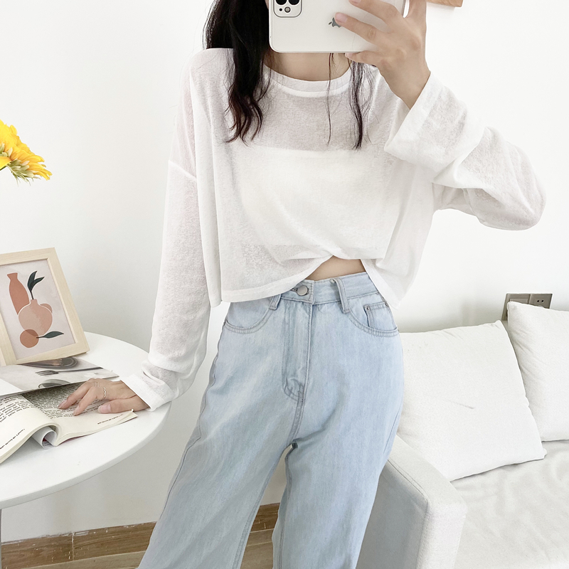 Real shot~ New Korean versatile candy color loose and slim round neck short long-sleeved sunscreen top T-shirt