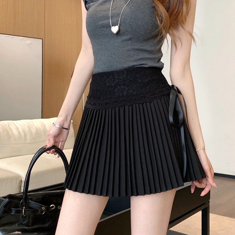 Real shot!  !  Lace spliced ​​skirt spicy pleated skirt white high waist a-line skirt