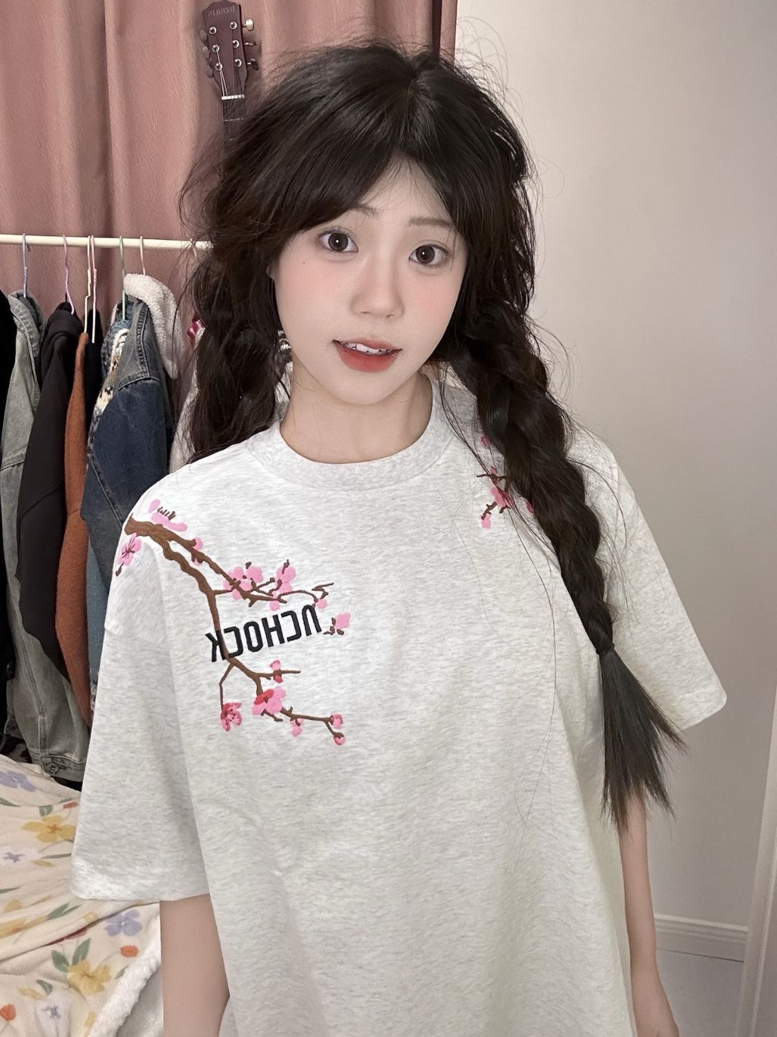 韓國chic字母刺繡短袖T恤女夏季新款寬鬆顯瘦圓領包邊拉肩上衣潮