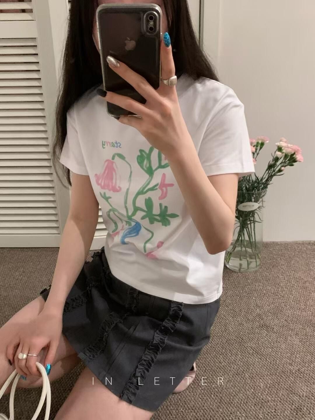 純棉 韓國chic夏季新款韓版修身顯瘦字母印花短袖t恤女百搭上衣潮
