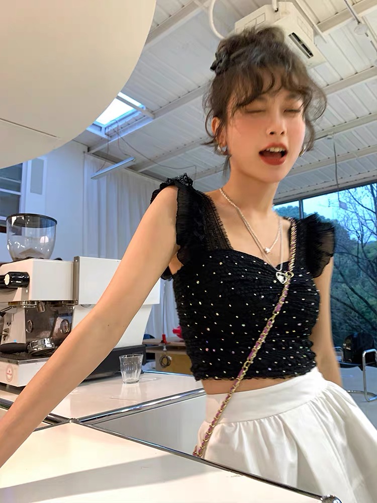 DULA好好家亮鑽蕾絲邊吊帶背心女短款修身小眾設計感純欲辣妹上衣