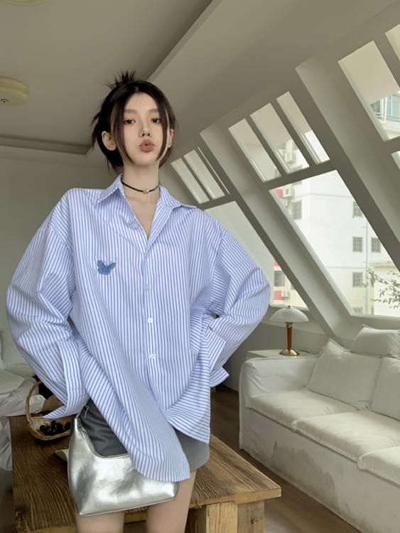 Real photos of Hong Kong-style chic striped shirt jacket loose versatile top