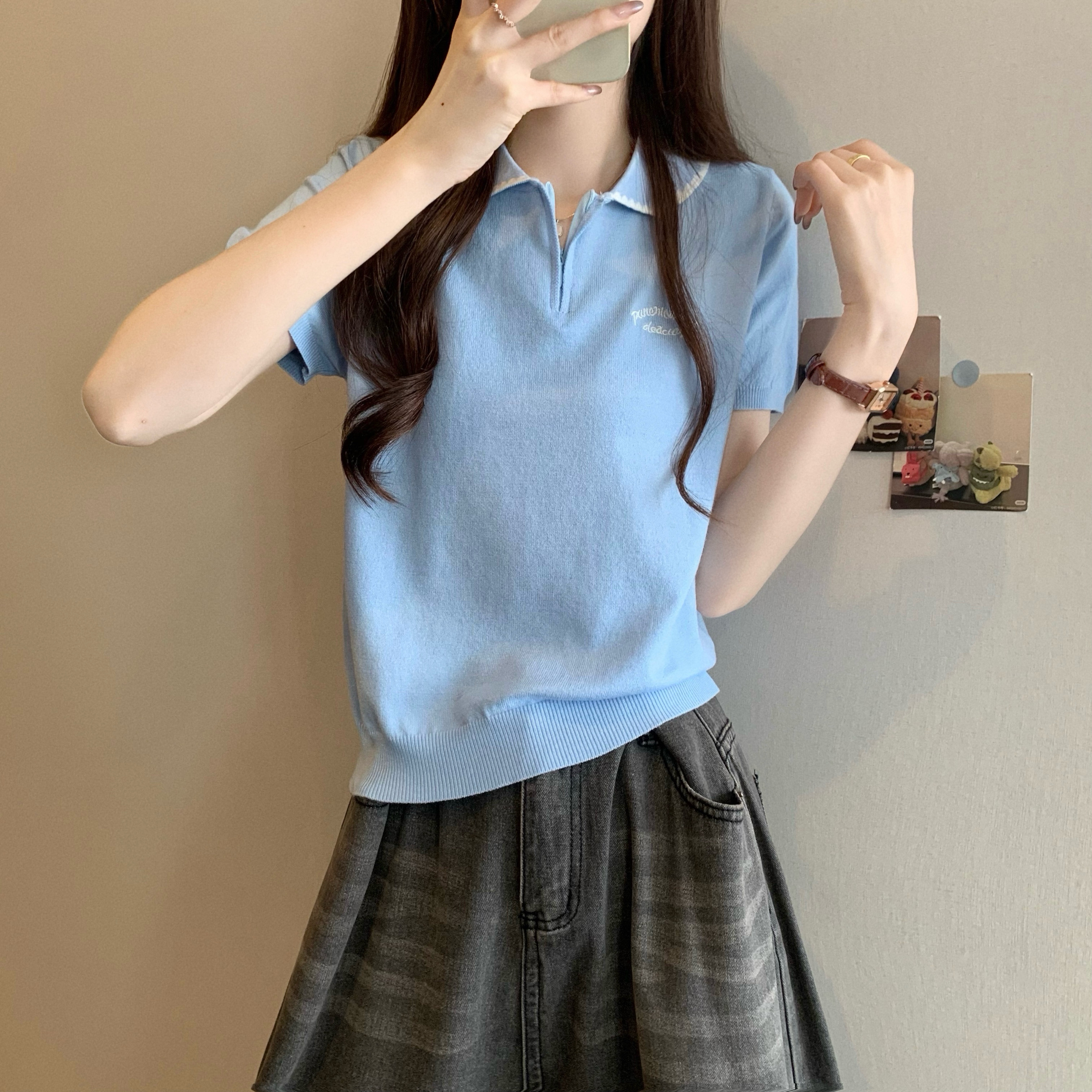 Real shot, new Korean style design half-labell loose short-sleeved knitted sweater