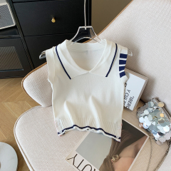 實拍polo領撞色織帶背心女復古學院風休閒設計感無袖上衣