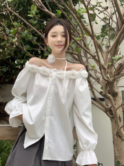 Real shot Korean sweet three-dimensional flower one-length shirt for women in spring new beautiful flap sleeve temperament top