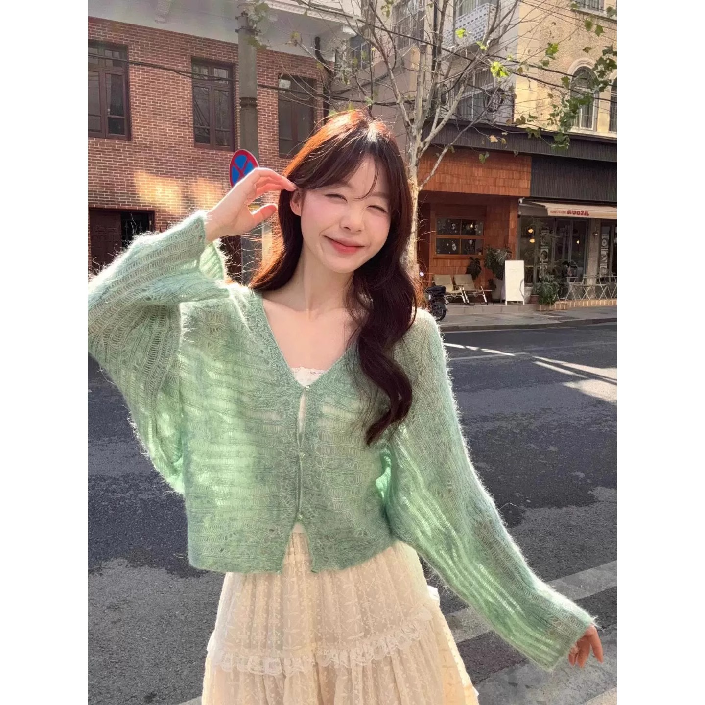 慵懶風磨破薄荷綠長袖防曬開衫女款夏季設計感寬鬆顯瘦溫柔風上衣