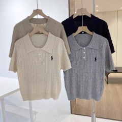 Embroidered short-sleeved polo collar gray sweater for women in spring and summer retro twist versatile shirt top