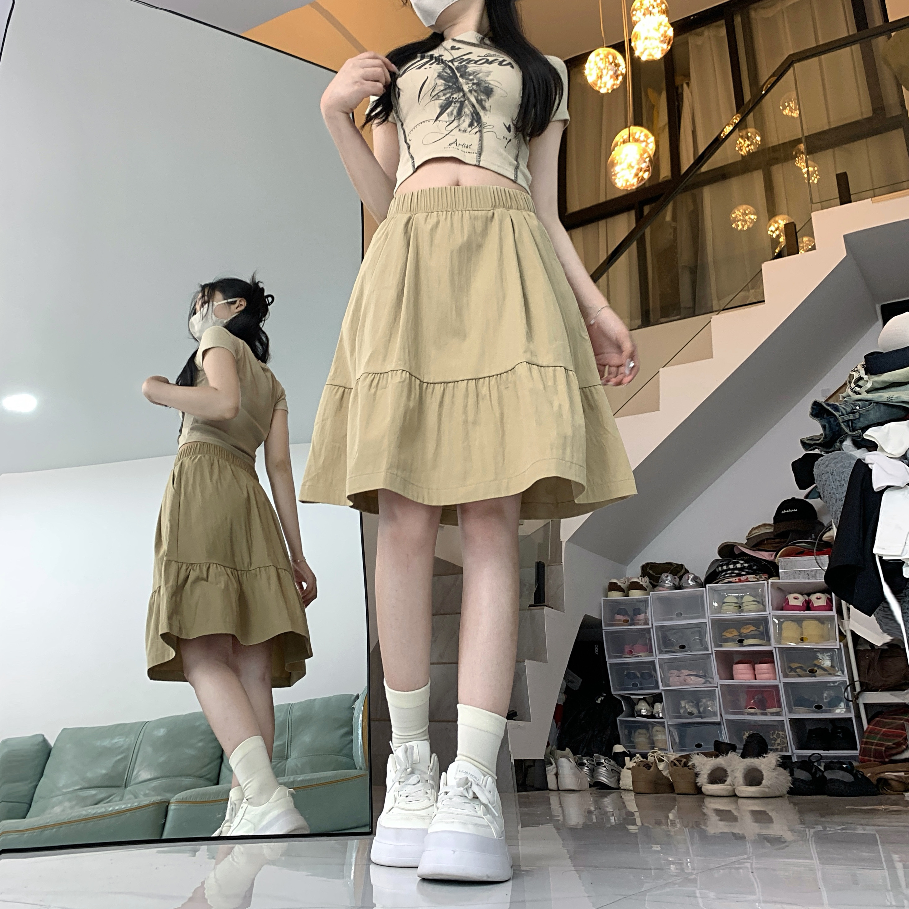 實拍學院風休閒半身裙2025春季新款減齡設計百搭純色a字中長裙