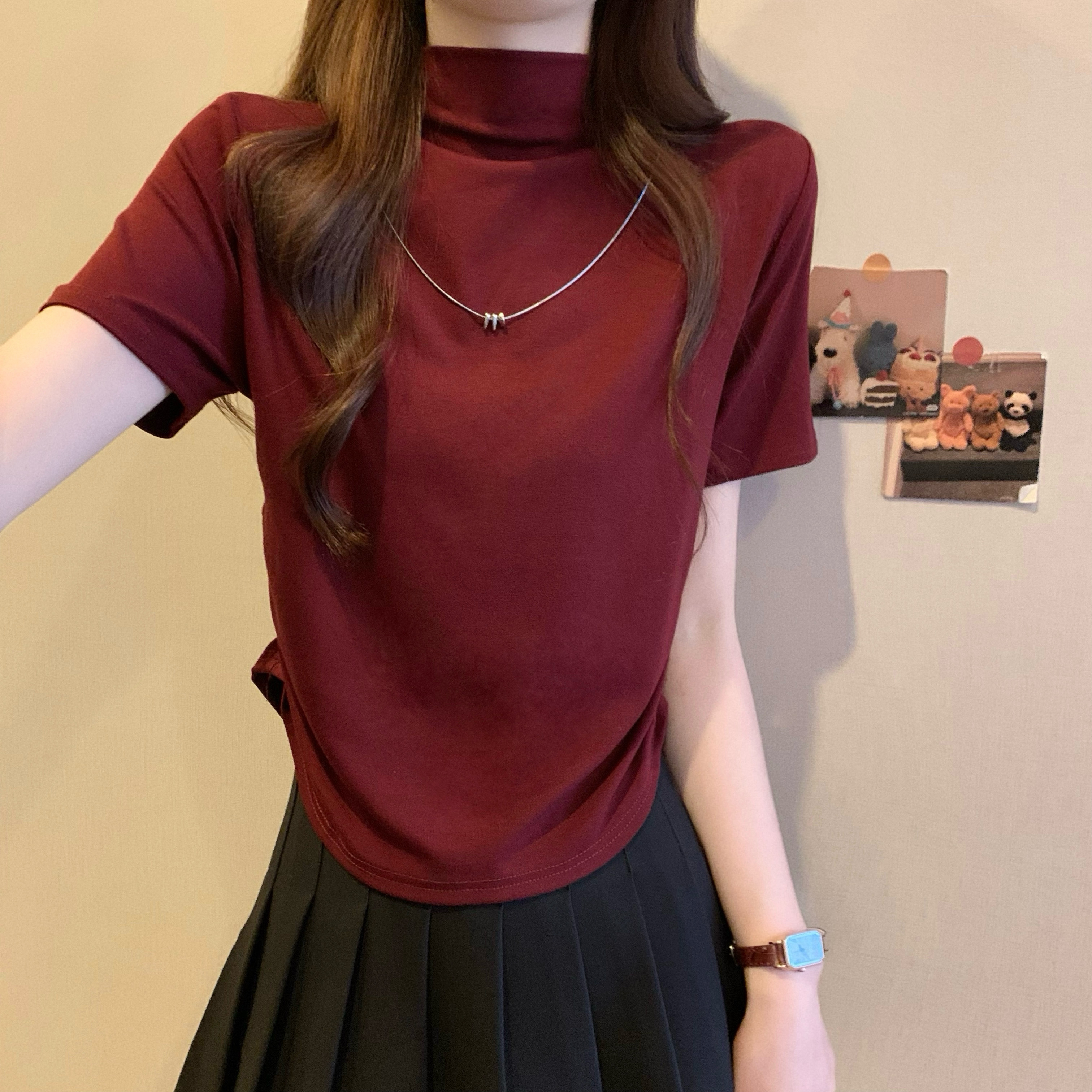 Real shot, new Korean style design, front shoulder slim necklace short-sleeved T-shirt