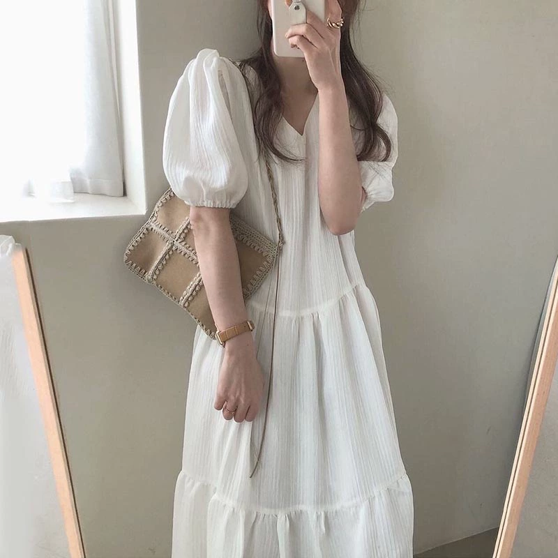 Korean chic2025 summer V-neck large size new niche simple solid color loose long dress for women