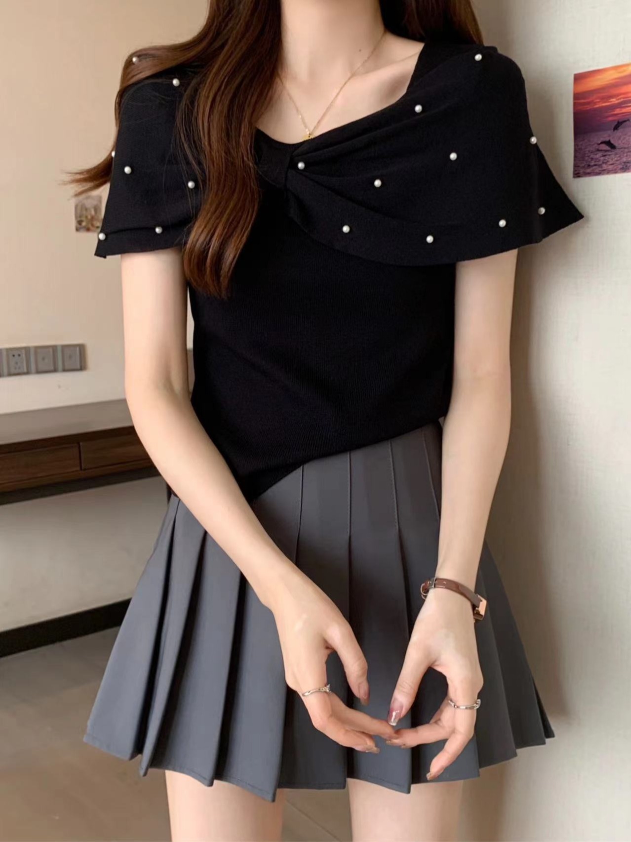張心子甜心 甜美減齡蝴蝶結泡珠上衣女夏新款法式短袖T恤