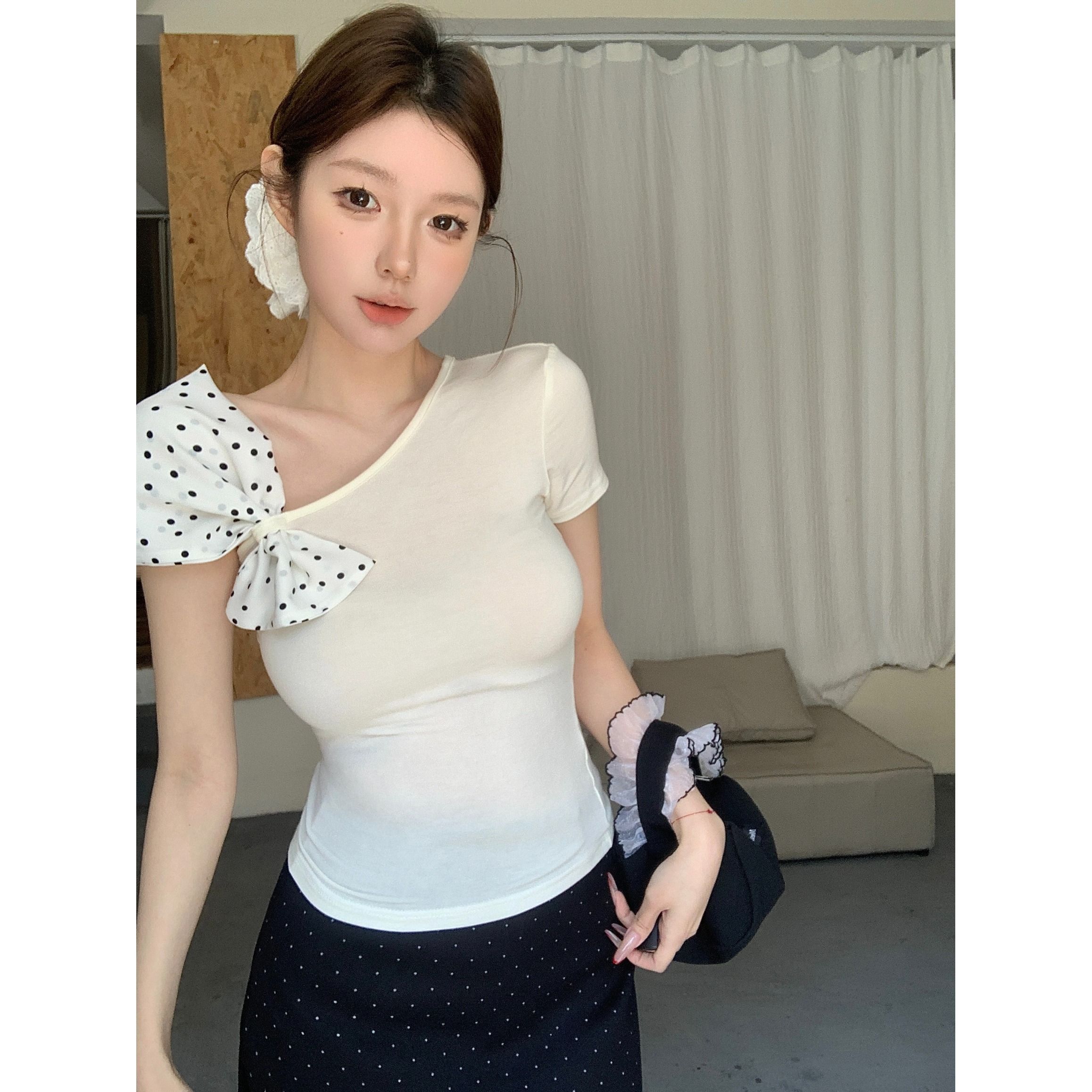 原版品質波點蝴蝶結短袖T恤女夏收腰顯瘦斜肩短款露肚臍上衣