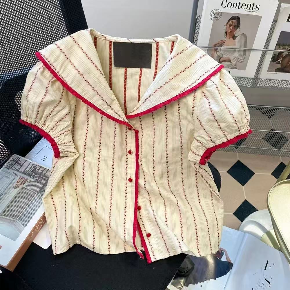 Korean retro Hong Kong style puff sleeve short v-neck shirt for women in summer niche contrasting color striped short-sleeved top