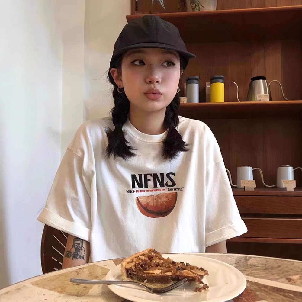 韓國chic純棉後包領2025夏季新款韓版美式前後印花寬鬆短袖T恤女