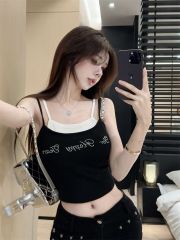 甜辣假兩件帶胸墊性感吊帶背心女春季純欲字母彈力修身顯瘦上衣女