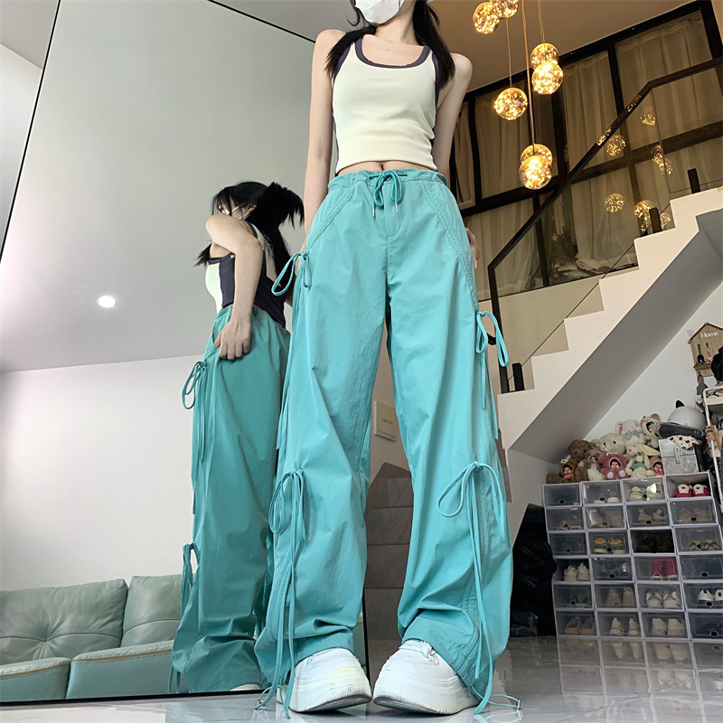 實拍設計感綁帶美式工裝褲子女新款寬鬆嘻哈抽繩直筒束腳休閒褲潮