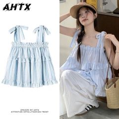 Blue loose suspender vest for women in summer design niche straps slim seaside vacation style doll shirt top