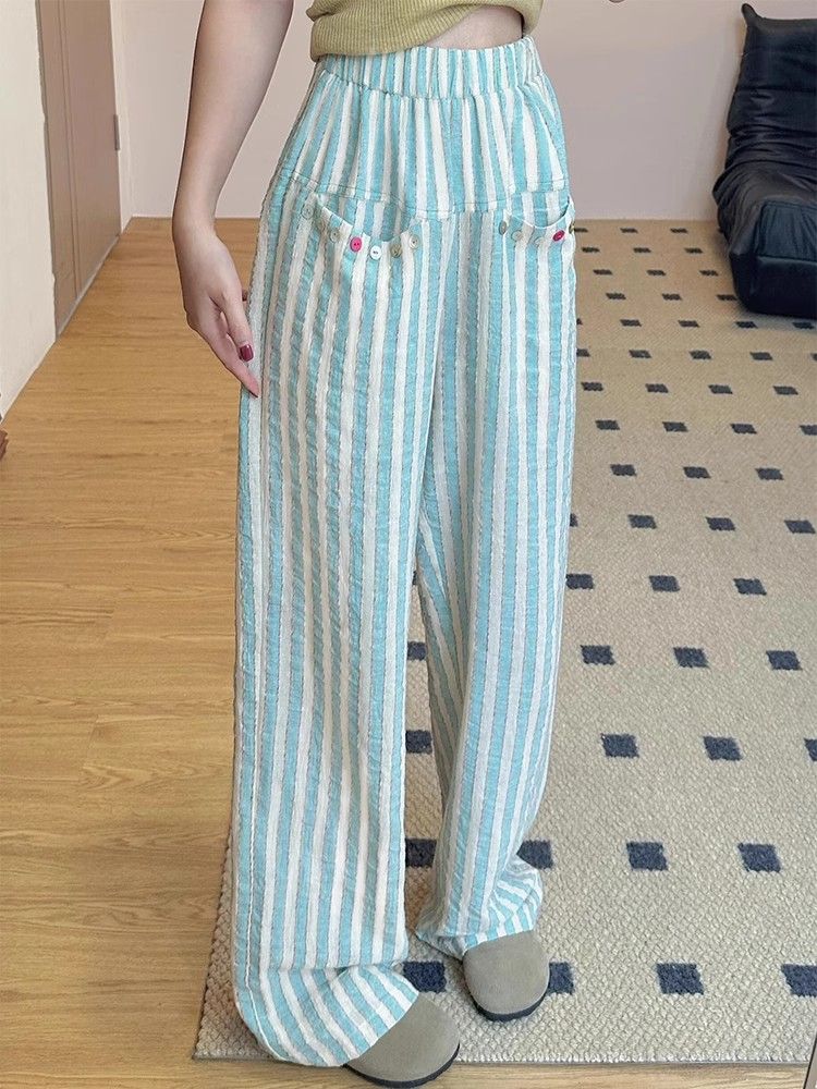 條紋休閒褲女春季新款胖妹妹mm高腰寬鬆顯瘦垂感闊腿長褲