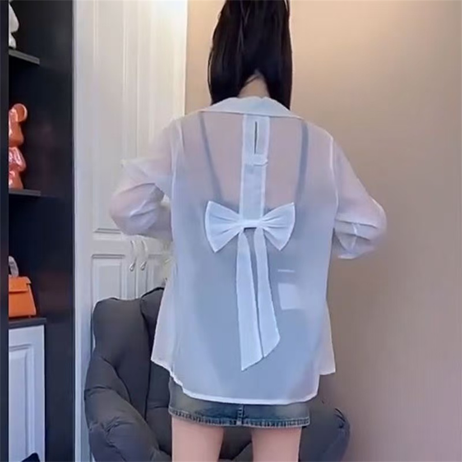 Design-sensory bow sunscreen cardigan thin blouse 2025 new outerwear blouse summer jacket top