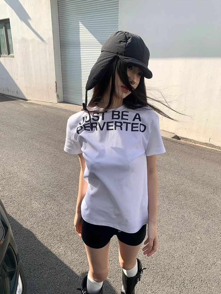 純棉 韓國chic夏季新款韓版修身顯瘦字母印花短袖t恤女百搭上衣潮