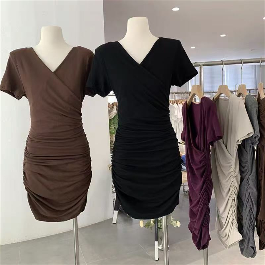 Very attractive ~ Shoulder padded cross V-neck pleated short-sleeved dress with hip-covered short skirt for summer women's clothing
