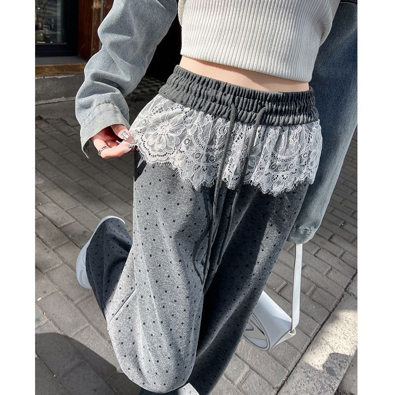 Lace spliced ​​polka dot wide-leg pants for women's spring and autumn design sense casual pants loose straight floor pants