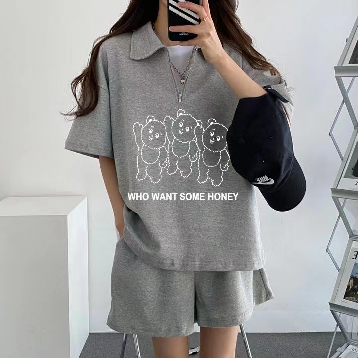 韓系chic夏季簡約百搭印花設計感寬鬆休閒套裝女