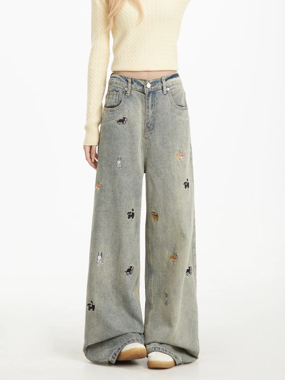 Korean fun puppy embroidered jeans for women's trendy American retro washing and slimming straight pants