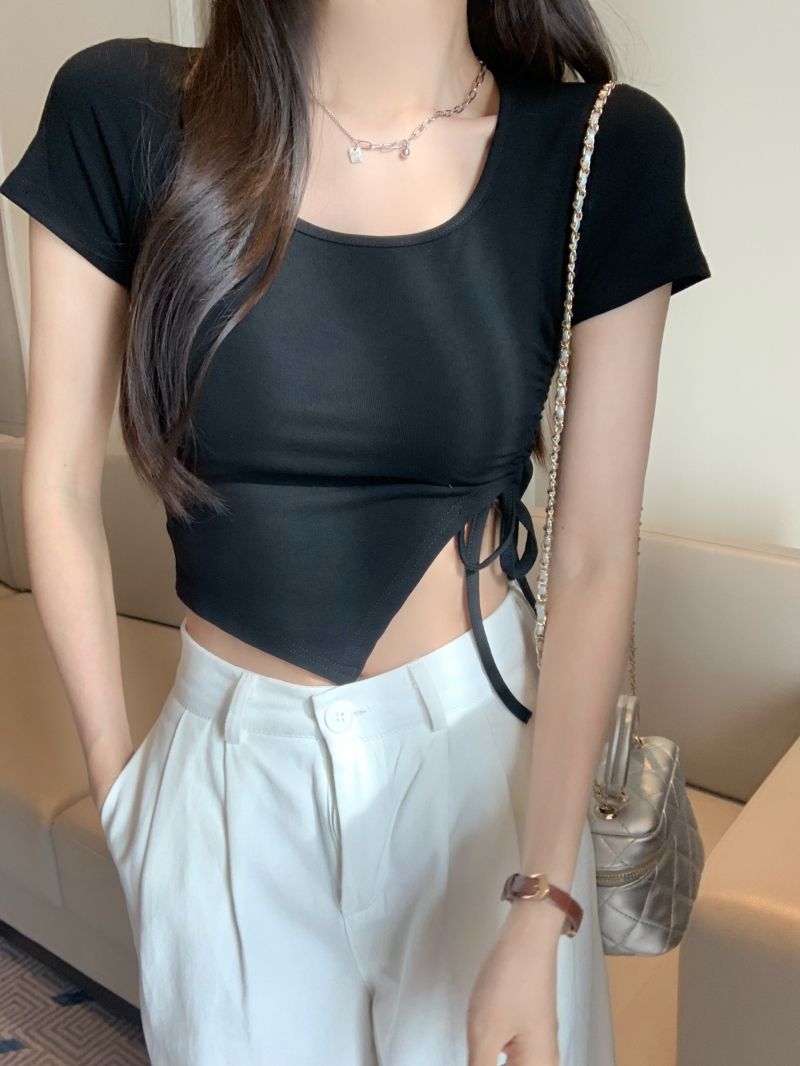 實拍  40支純棉210克92棉/8氨綸方領短袖T恤女抽繩開叉