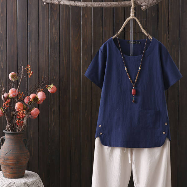 Pure cotton summer new imitation cotton linen casual simple literary retro fat MM large size solid color loose short sleeves