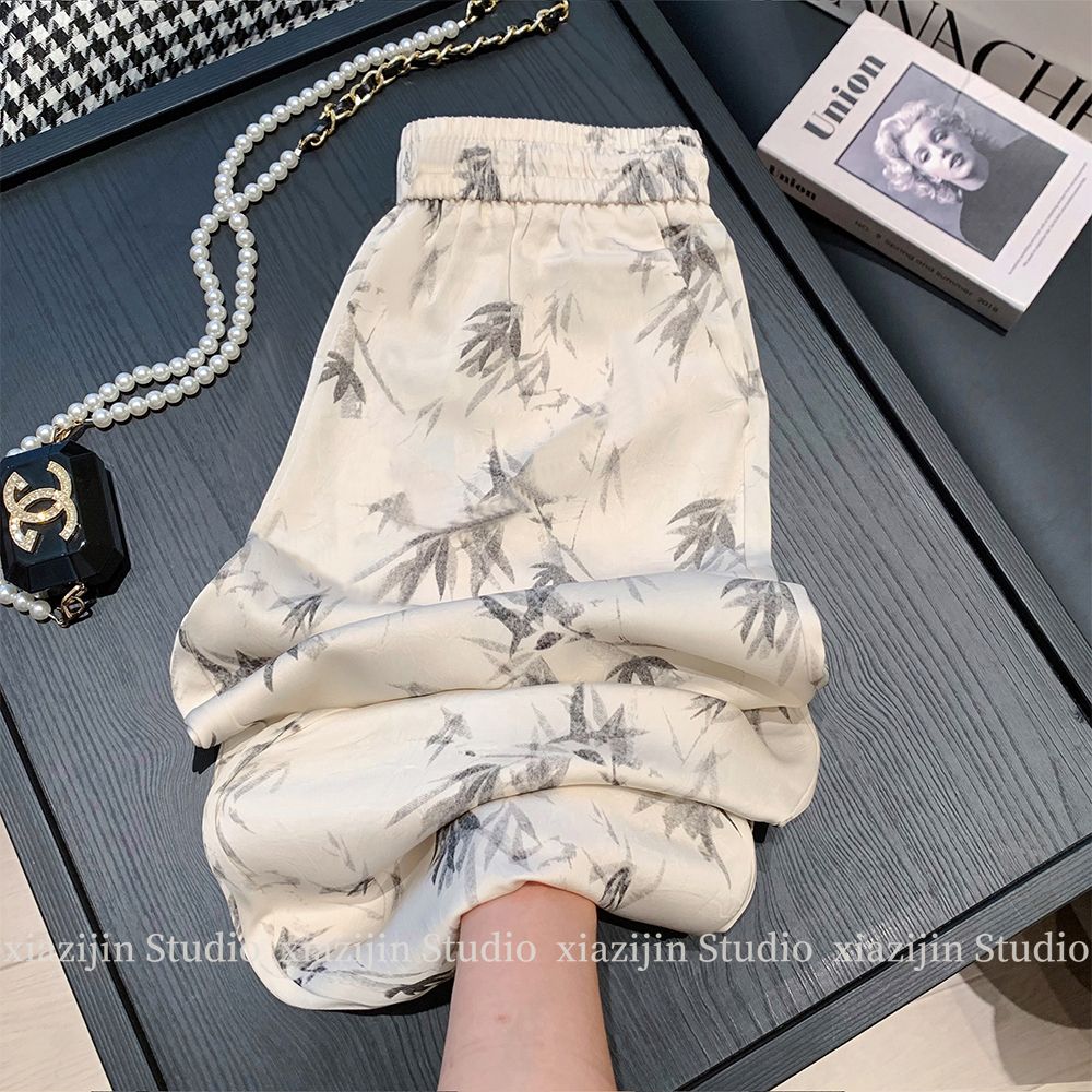Original Fabric Watercolor Ice Silk Pants for Women - Summer New Arrival with a Sense of Elegance, Drape, and Slimming Effect