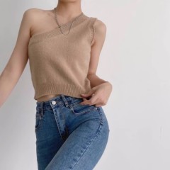 歐美風秋冬新款高腰短款顯瘦性感彈力針織斜肩露臍背心女上衣