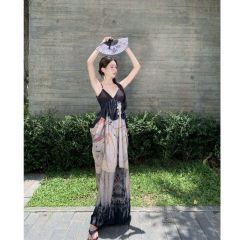 新中式國風水墨印花連衣裙小眾設計感收腰性感前後V領吊帶長裙夏